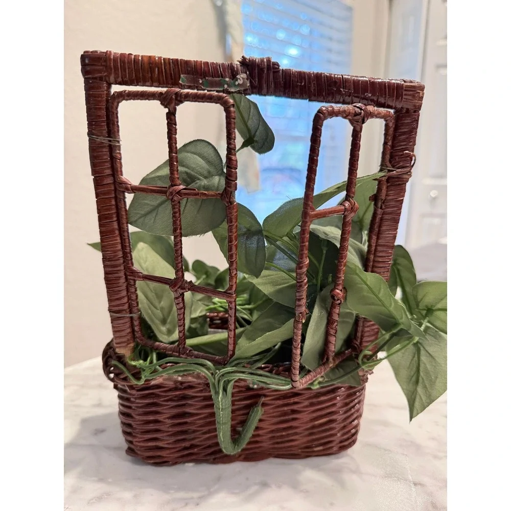 Faux Ivy Plant in Wicker Basket Window Trellis Wall Decor Brown Farmhouse Accent